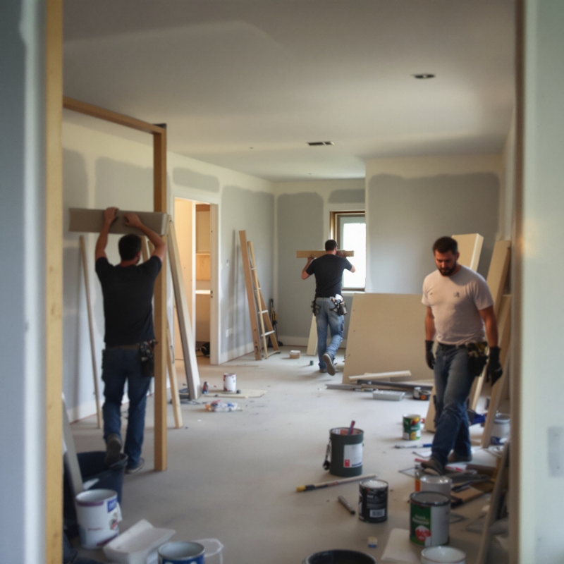 Candid phone photo of construction crew remodeling a home interior