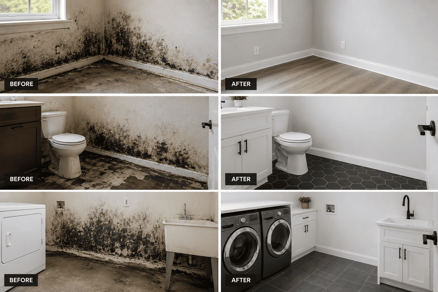 Before and after mold remediation results showing moldy rooms transformed into clean rebuilt spaces